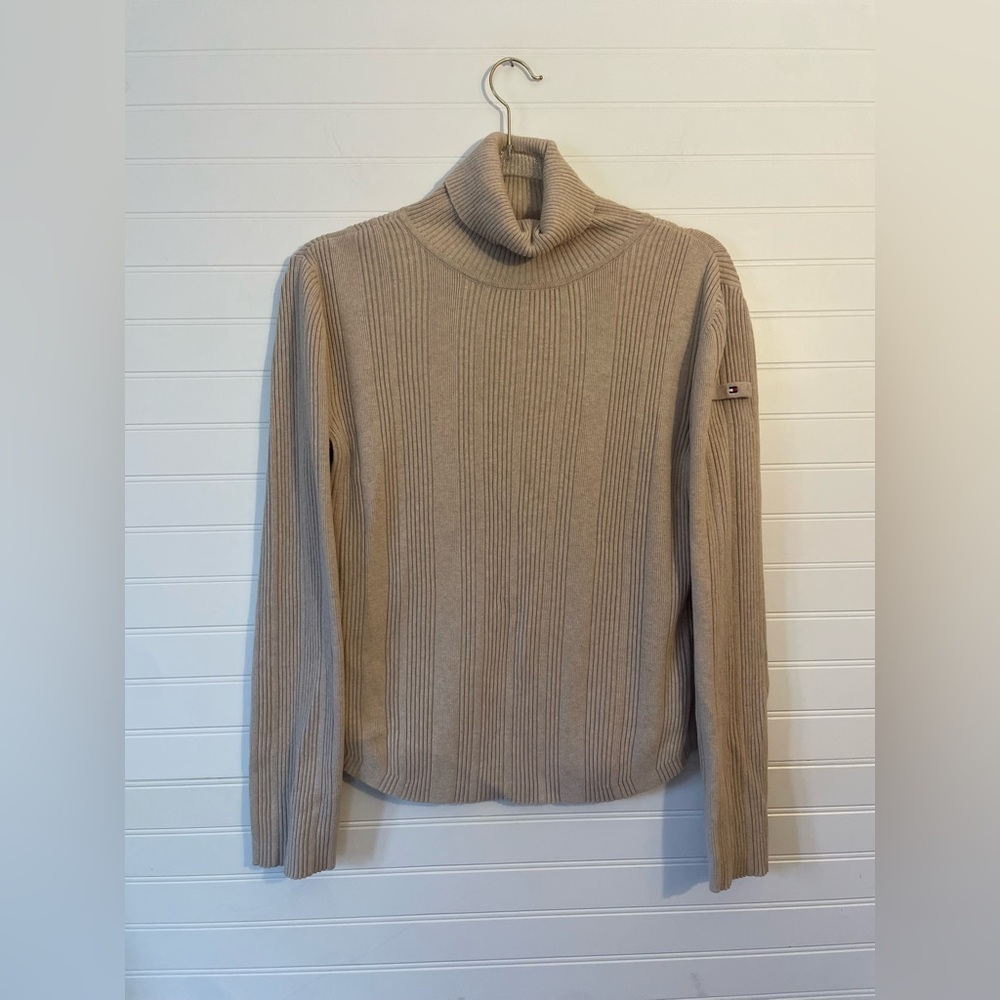 Vintage Tommy Hilfiger Ribbed Turtle Neck Sweater Size Large 100% Cotton Beige